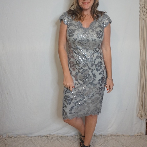 silver lace overlay dress Silver Lace Floral V-neck Short Sleeve Dress